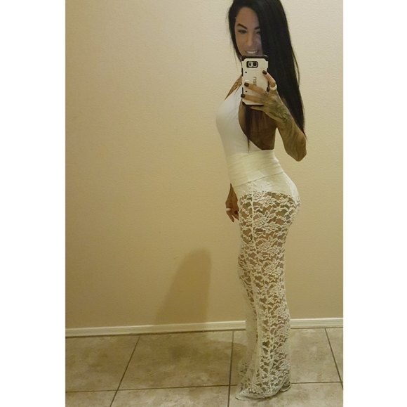 White Lace Detailed High Waisted Flare Pant - Picture 6 of 6